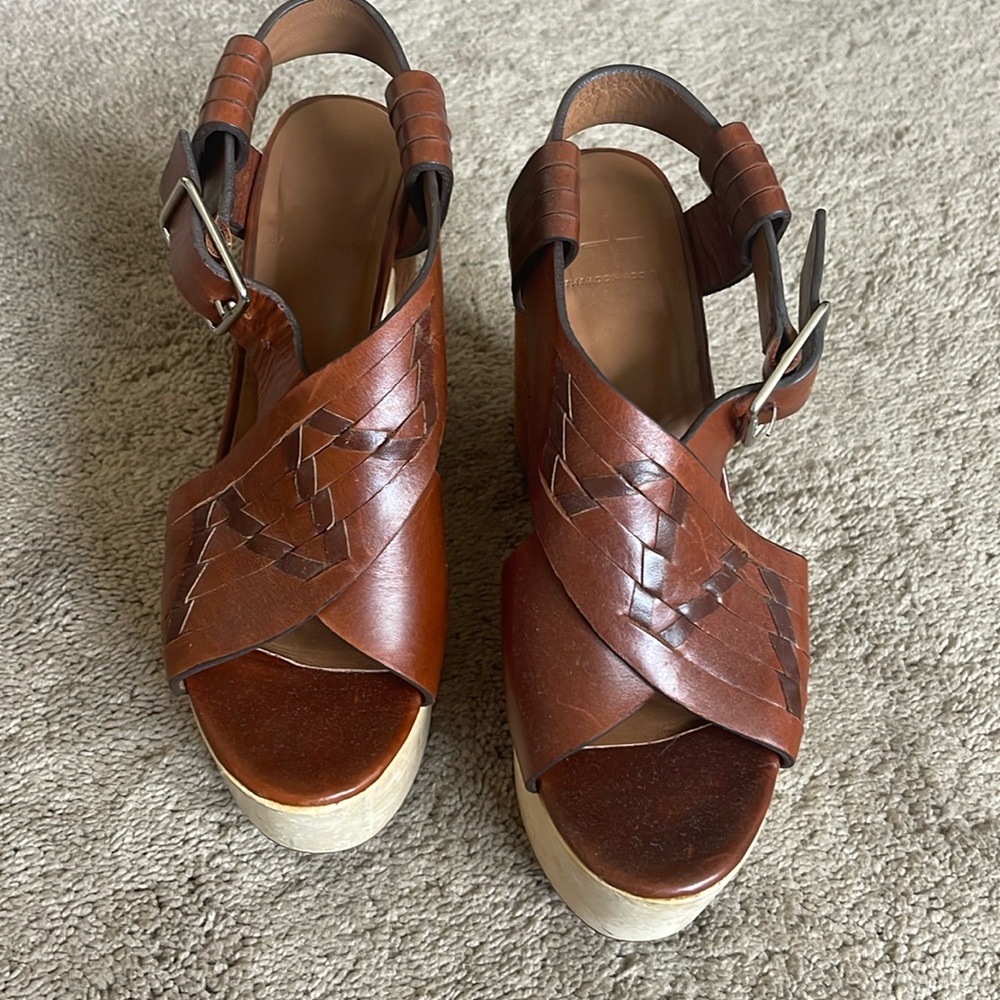 Thakoon Addition Mila platform wedge in cognac leather, suede & wood heel